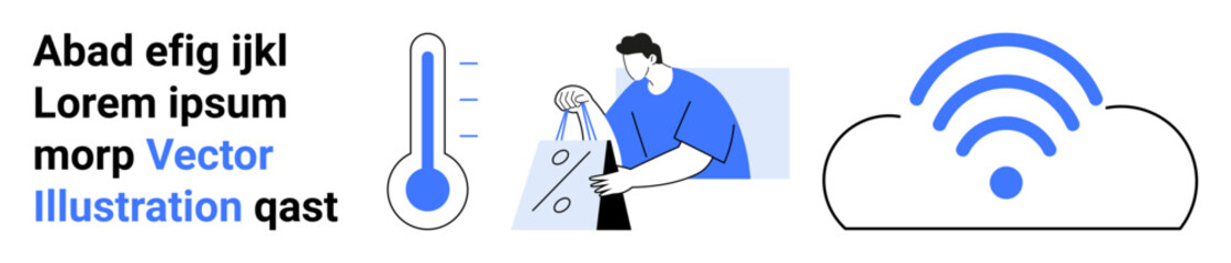 Person using a tablet, next to a thermometer icon, and cloud data transfer symbol. Ideal for technology, data analysis, healthcare, Internet of Things, network connectivity, design marketing