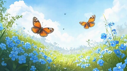 Serene Meadow with Colorful Butterflies and Bright Blue Flowers