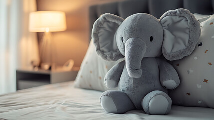 A large huggable stuffed elephant in a cozy bedroom setting