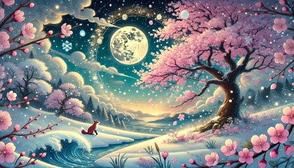 Obraz premium A Whimsical Snow and Cherry Blossom Landscape Illuminated by Golden Moonlight