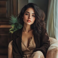 Fototapeta premium Entspannte Frau in modernem Interieur mit natürlichem Look