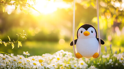 A penguin plush toy on swing set in a garden soft flowers in the background peaceful sunset glow