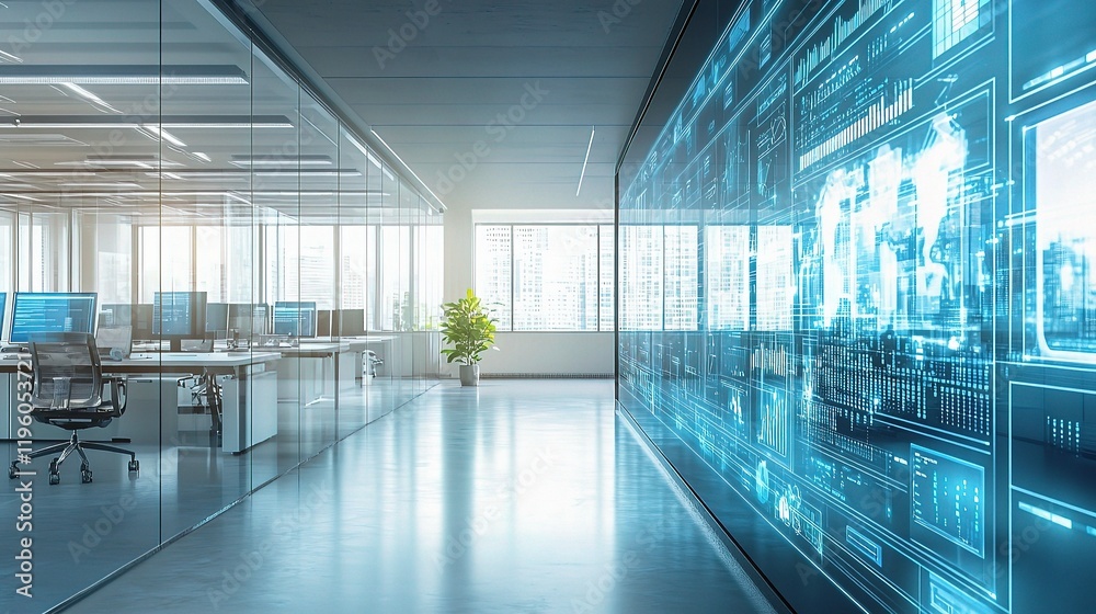 Poster digital interface with data processing visuals in modern office space