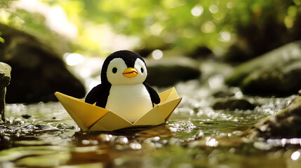 A penguin plushie floating in tiny paper boat down a stream serene and peaceful nature scene