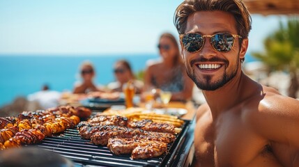 Man grilling at beach party with friends