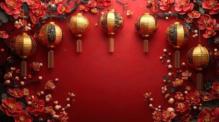 Obraz premium Vibrant Red Background with Golden Lanterns and Cherry Blossom Flowers for Celebrating Lunar New Year or Traditional Asian Festivals