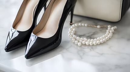Obraz premium Black patent leather heels pearls and handbag on marble