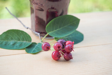 庭で採ったジューンベリーのジャムと実と葉の写真