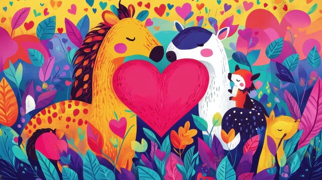 Colorful Animals Embrace Love In Vibrant Floral Garden