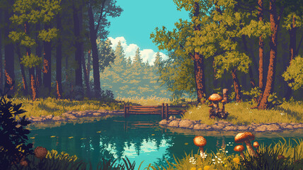 キノコがたくさん生えている美しい森のピクセルアート。ファンタジー、ゲーム世界。