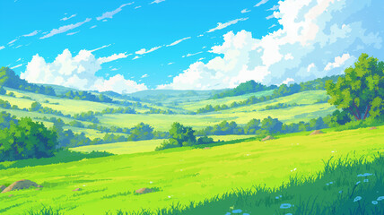 ピクセルアートで描いた広い草原を冒険する。目的地へ向かう途中。ファンタジー、ゲーム世界。