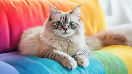 A plush cat with pastel colored fur lying on rainbow cushion