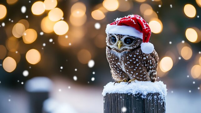 A plush owl in a Santa hat perched on snowy fence post with Christmas lights twinkling in the background