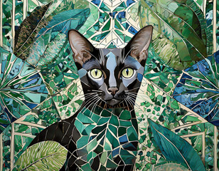 a jungle in Klimt style. use also geometrical blue and green patterns. there is a black oriental shorthair cat - generated by ai