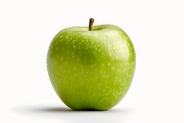 Green apple with water drops on white background