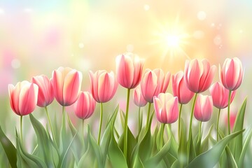 Beautiful Pink Tulips in Springtime Garden