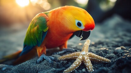 A plush parrot playing with a tiny starfish that sparkles like a jewel