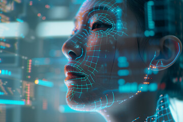 Woman face scanned by biometrical authentication technology representing futuristic of security and identification. Advanced AI technology