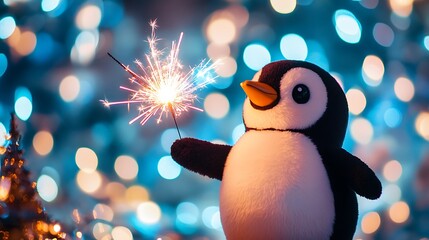 A plush penguin holding a sparker during fireworks bright colorful bursts in the sky