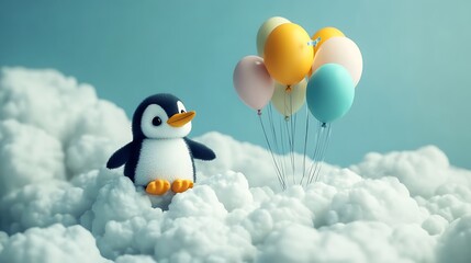 Fototapeta premium A plush penguin floating with a cluster of helium balloons soft clouds below whimsical atmosphere