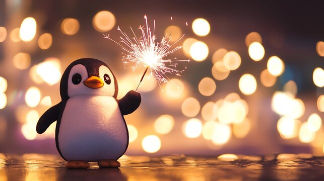 A plush penguin holding a sparker during fireworks bright colorful bursts in the sky
