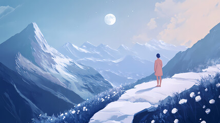 Self-awareness journey aligning with life purpose and mental well-being, promoting inner peace, focus on, mindfulness theme, ethereal, multilayer, mountain trail backdrop. Moonpetal. Illustration