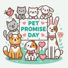 Adorable pet illustrations of dog, cat, rabbit, bird celebrating Pet Promise Day