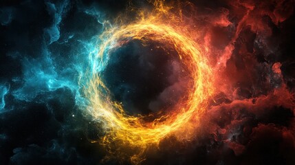 Fiery and icy nebulae swirl around a glowing ring, creating a cosmic portal effect. Ideal for science fiction, fantasy, or energy-related designs, adding a mystical touch.