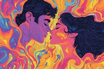 A vibrant abstract painting depicts a passionate lovers kiss