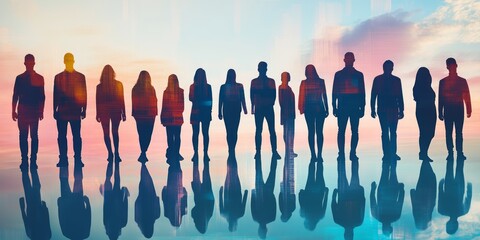 Silhouettes of a diverse group against a vibrant sunset.