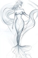 Elegant mermaid sketch with flowing fabric
