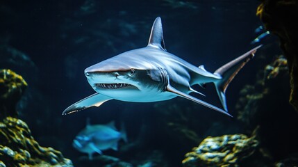 Fototapeta premium Majestic Shark Underwater Scene: A Captivating Dive into the Ocean Depths