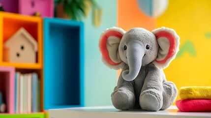 A smiling plush elephant toy in a vibrant children's room
