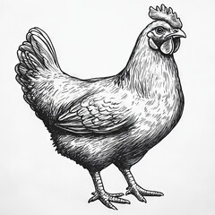 Detailed ink drawing of a hen