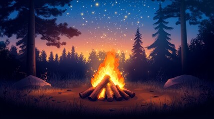 Campfire under a starry night sky in a forest.