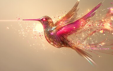 futuristic hummingbird made from magenta and pink metallic materials with glowing lights on its wings, set against a soft beige background.