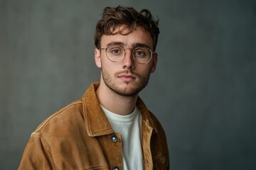Obraz premium Stylish Young Man with Glasses Posing Against a Minimalist Background