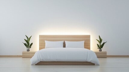 Modern Minimalist Bedroom Interior with Cozy Bed and Decorative Plants Enhancing Relaxation and Comfort in a Bright, Airy Space