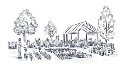 Community garden with people tending plants and gathering under a pavilion.