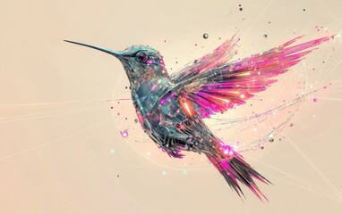futuristic hummingbird made from magenta and pink metallic materials with glowing lights on its wings, set against a soft beige background.