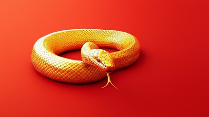 Fototapeta premium Golden snake coiled on red background