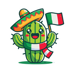 cheerful cartoon cactus character wearing a sombrero and a scarf proudly holds a flag