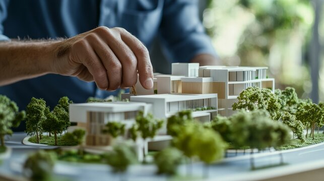 A close-up shot of an architect inspecting a model of a sustainable housing project in a green architecture design studio, Green architecture studio scene, Sustainable design style