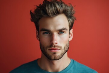 Obraz premium Stylish Young Man with Striking Features Against a Bold Red Background