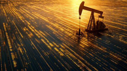 Panoramic view of oil field at dawn, with pumpjack silhouetted against golden sky, creating striking contrast with reflective surface