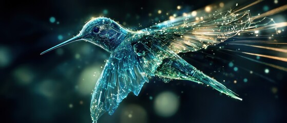 A digital artwork of an abstract, futuristic hummingbird made from green blue and silver metallic materials with glowing edges, soaring through the sky against a soft dark background