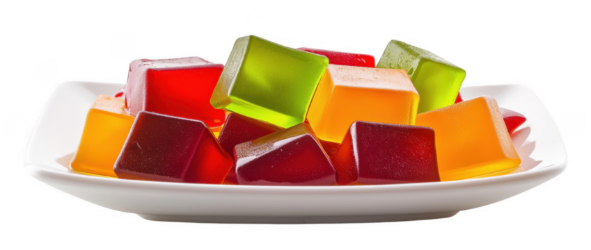 Colorful jello snack squares on a white plate isolated on a transparent background. 