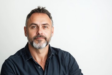 Confident Middle-Aged Man with Beard Posing Against a Neutral Background