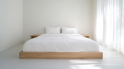 Obraz premium Modern Minimalist Bedroom Design with a Natural Wood Bed Frame and Crisp White Bedding, Bright Sunlight Streaming Through Sheer Curtains, Ideal for Serenity and Comfort