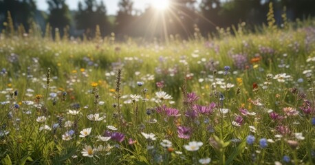 Obraz premium Blooming wildflowers in a meadow with gentle breeze, wildflowers, countryside, garden